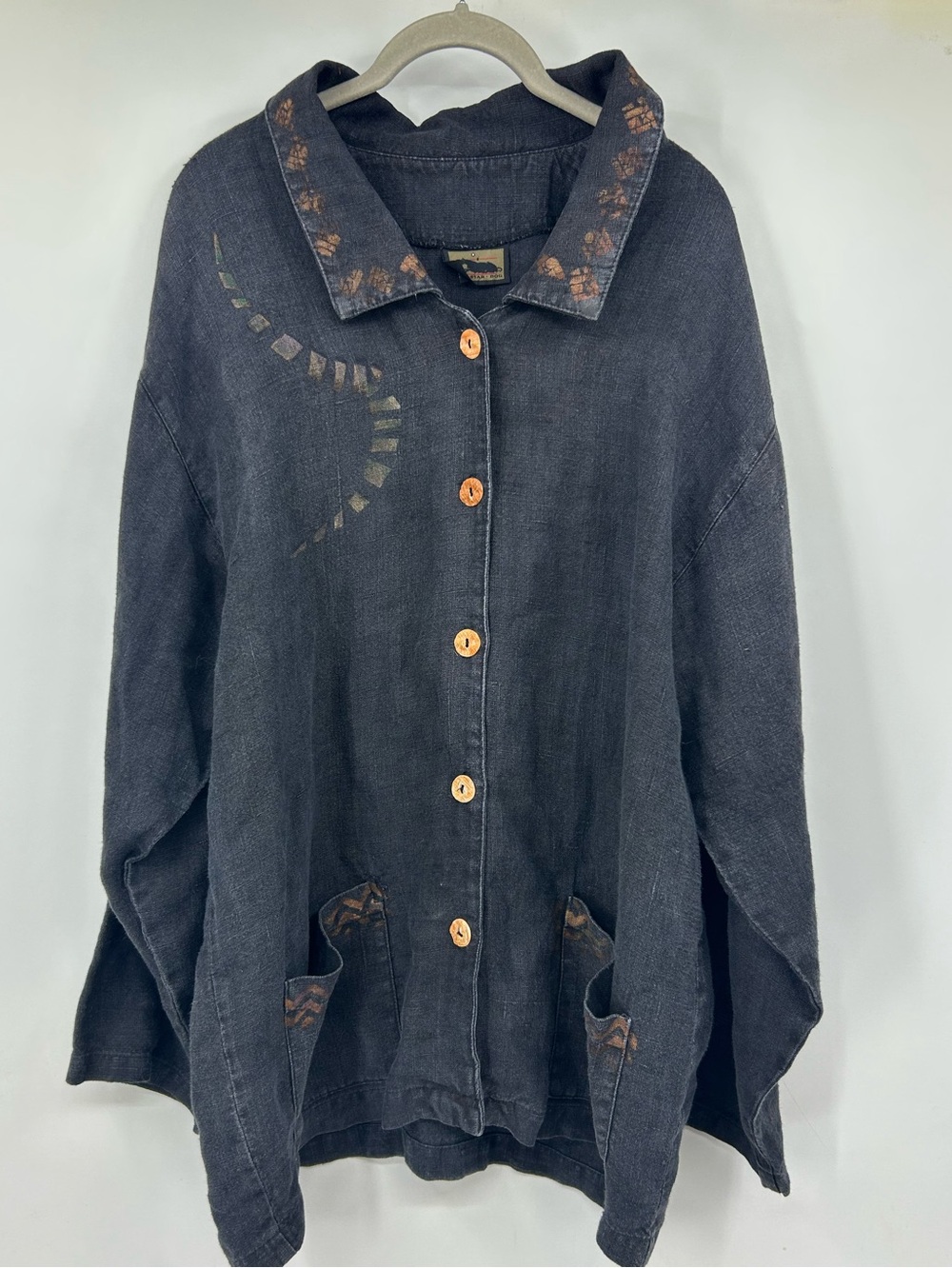 Two Star Dog Hemp Blue Button Up Hand Painted Jacket Womens Large USA Made